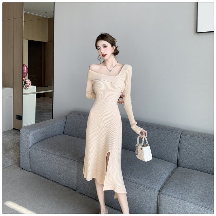 Cross-border Women's 2024 French Gentle Knitted Oblique V-neck dress Women's Winter New Shoulder Slim-fit Tight Waist Skirt - Cozy & Co. Market