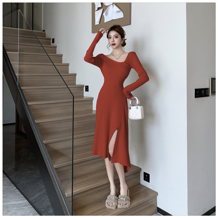 Cross-border Women's 2024 French Gentle Knitted Oblique V-neck dress Women's Winter New Shoulder Slim-fit Tight Waist Skirt - Cozy & Co. Market