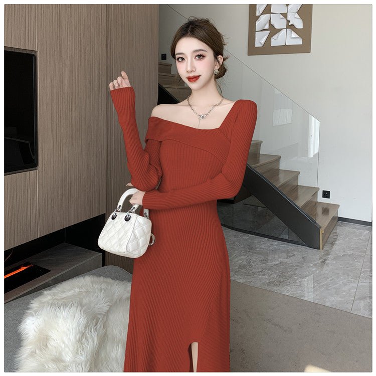 Cross-border Women's 2024 French Gentle Knitted Oblique V-neck dress Women's Winter New Shoulder Slim-fit Tight Waist Skirt - Cozy & Co. Market