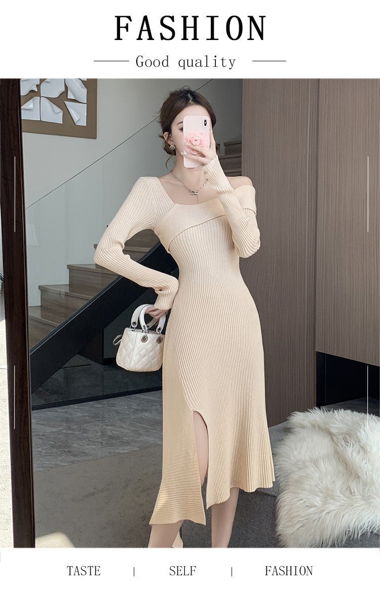 Cross-border Women's 2024 French Gentle Knitted Oblique V-neck dress Women's Winter New Shoulder Slim-fit Tight Waist Skirt - Cozy & Co. Market