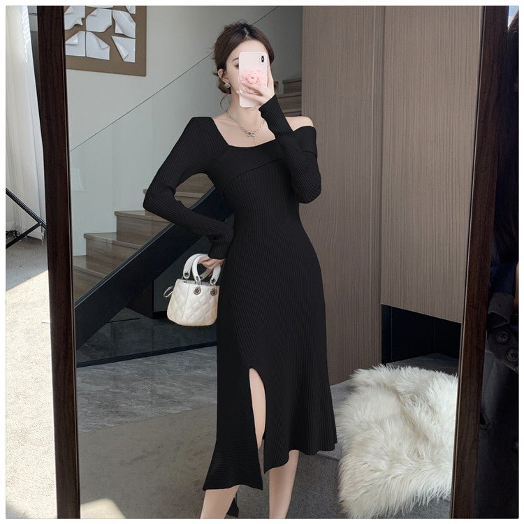 Cross-border Women's 2024 French Gentle Knitted Oblique V-neck dress Women's Winter New Shoulder Slim-fit Tight Waist Skirt - Cozy & Co. Market