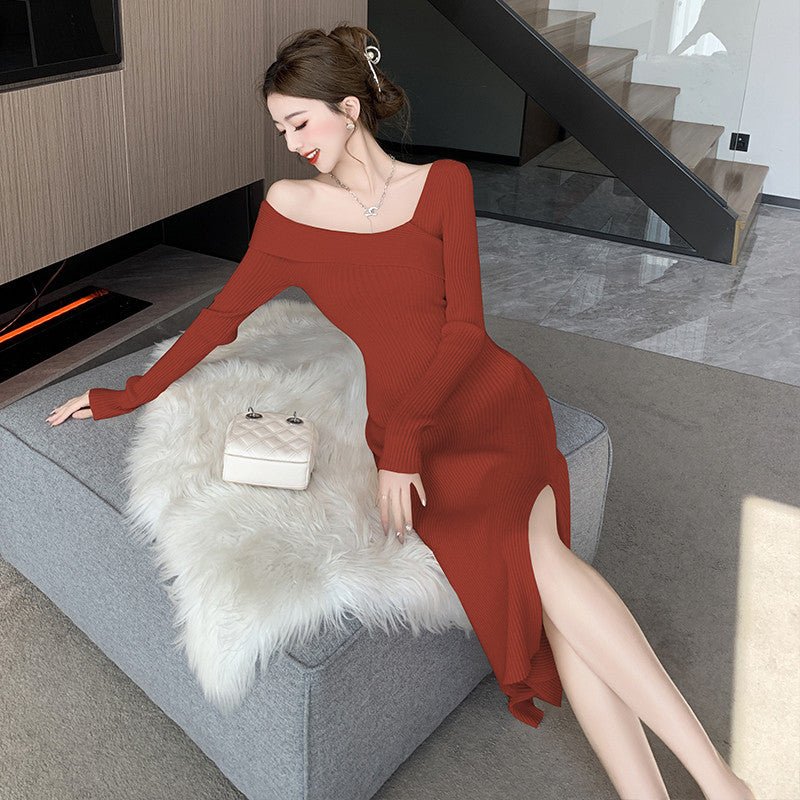 Cross-border Women's 2024 French Gentle Knitted Oblique V-neck dress Women's Winter New Shoulder Slim-fit Tight Waist Skirt - Cozy & Co. Market