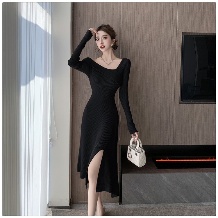 Cross-border Women's 2024 French Gentle Knitted Oblique V-neck dress Women's Winter New Shoulder Slim-fit Tight Waist Skirt - Cozy & Co. Market