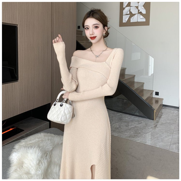 Cross-border Women's 2024 French Gentle Knitted Oblique V-neck dress Women's Winter New Shoulder Slim-fit Tight Waist Skirt - Cozy & Co. Market