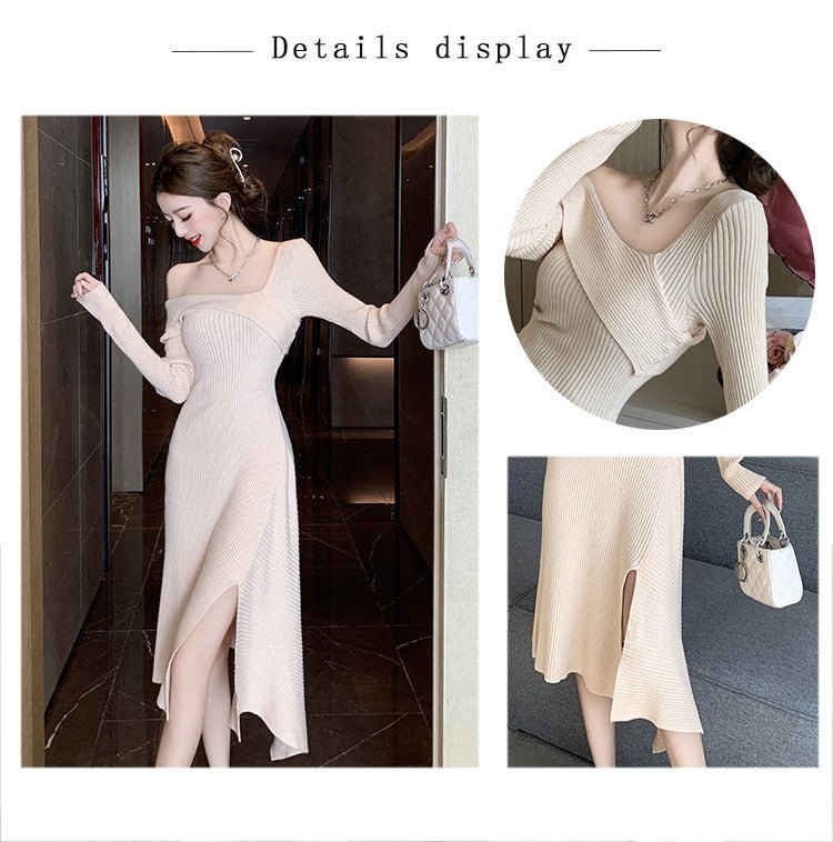 Cross-border Women's 2024 French Gentle Knitted Oblique V-neck dress Women's Winter New Shoulder Slim-fit Tight Waist Skirt - Cozy & Co. Market