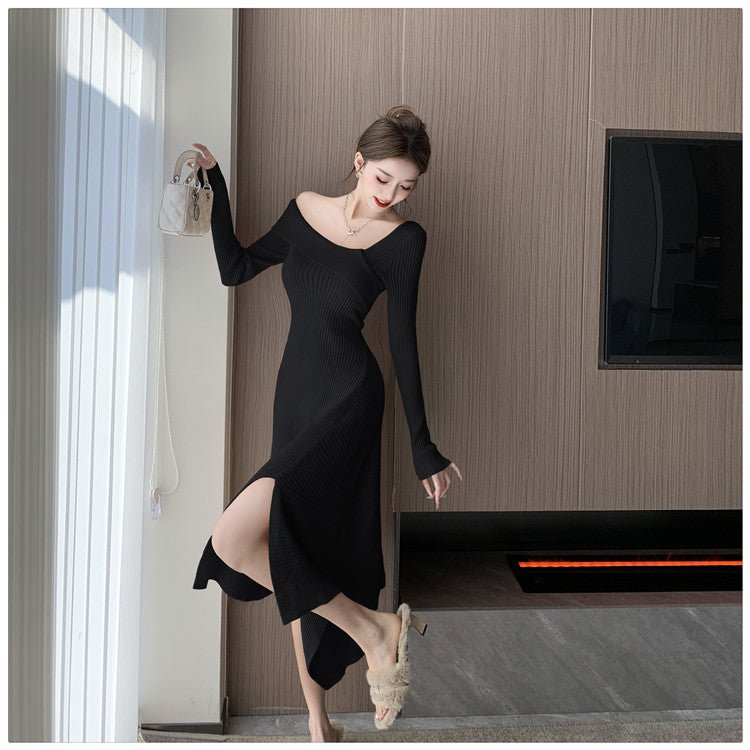 Cross-border Women's 2024 French Gentle Knitted Oblique V-neck dress Women's Winter New Shoulder Slim-fit Tight Waist Skirt - Cozy & Co. Market