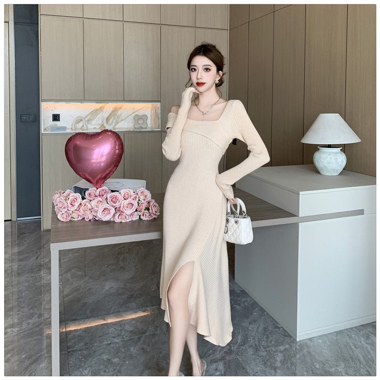 Cross-border Women's 2024 French Gentle Knitted Oblique V-neck dress Women's Winter New Shoulder Slim-fit Tight Waist Skirt - Cozy & Co. Market