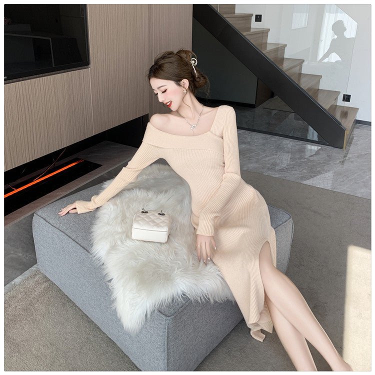 Cross-border Women's 2024 French Gentle Knitted Oblique V-neck dress Women's Winter New Shoulder Slim-fit Tight Waist Skirt - Cozy & Co. Market