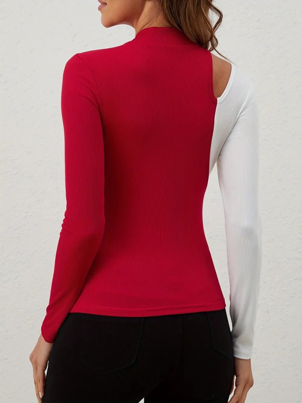Cutout Contrast Mock Neck Long Sleeve T-Shirt - Cozy & Co. Market