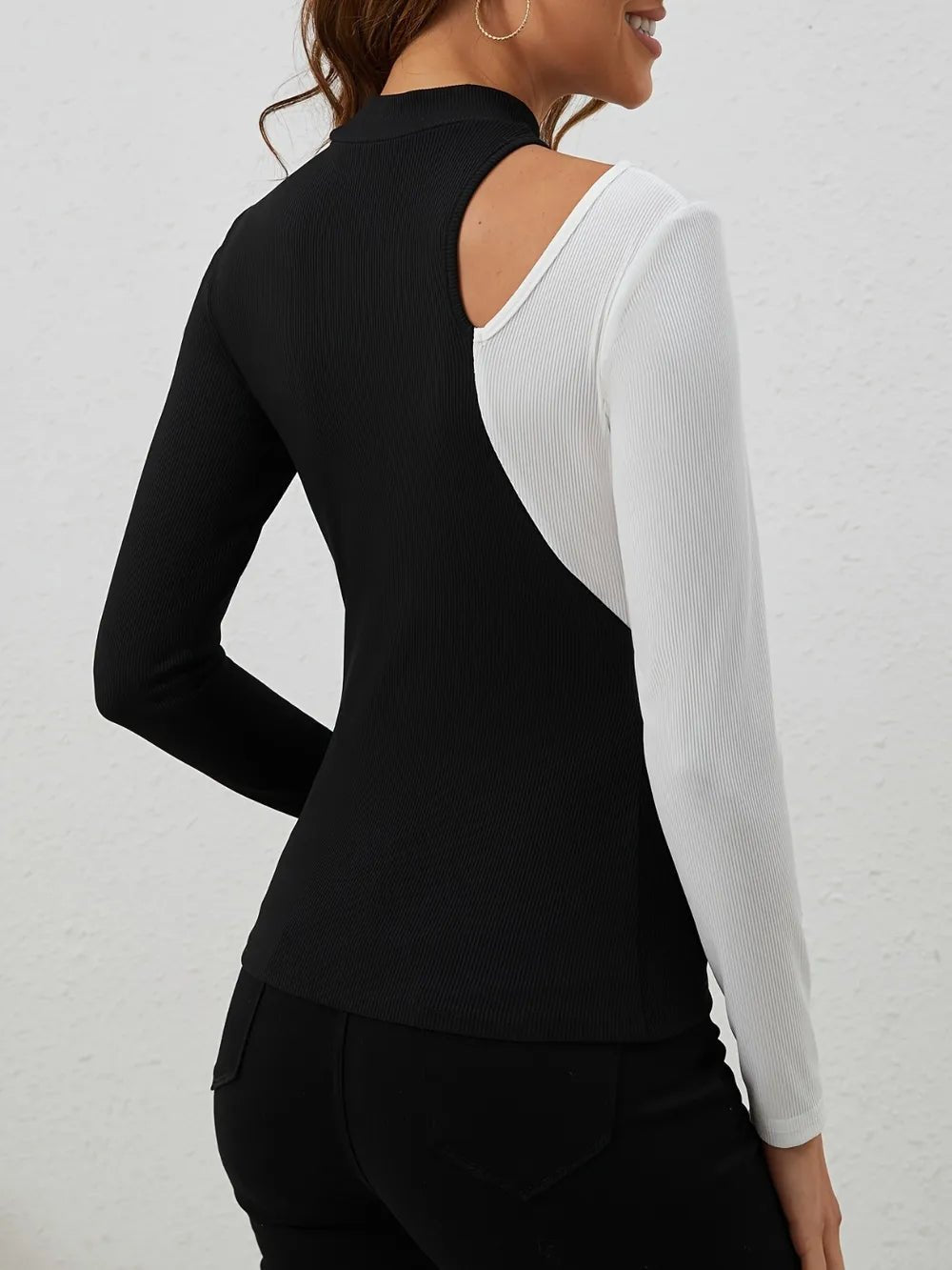 Cutout Contrast Mock Neck Long Sleeve T-Shirt - Cozy & Co. Market