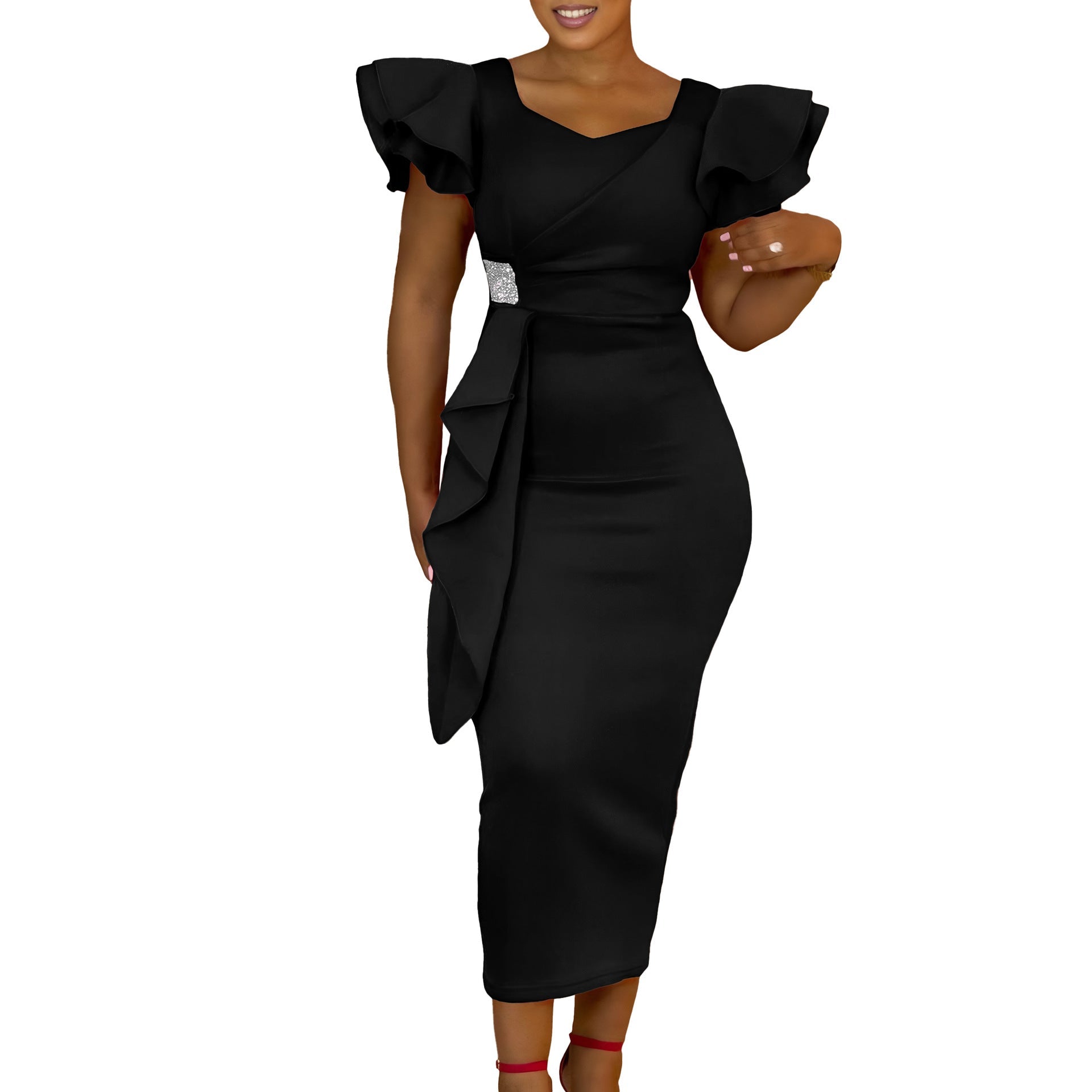 D3310 New Cross-border Amazon European and American Fashion Elegant Ruffled Solid Color Hip African dress - Cozy & Co. Market