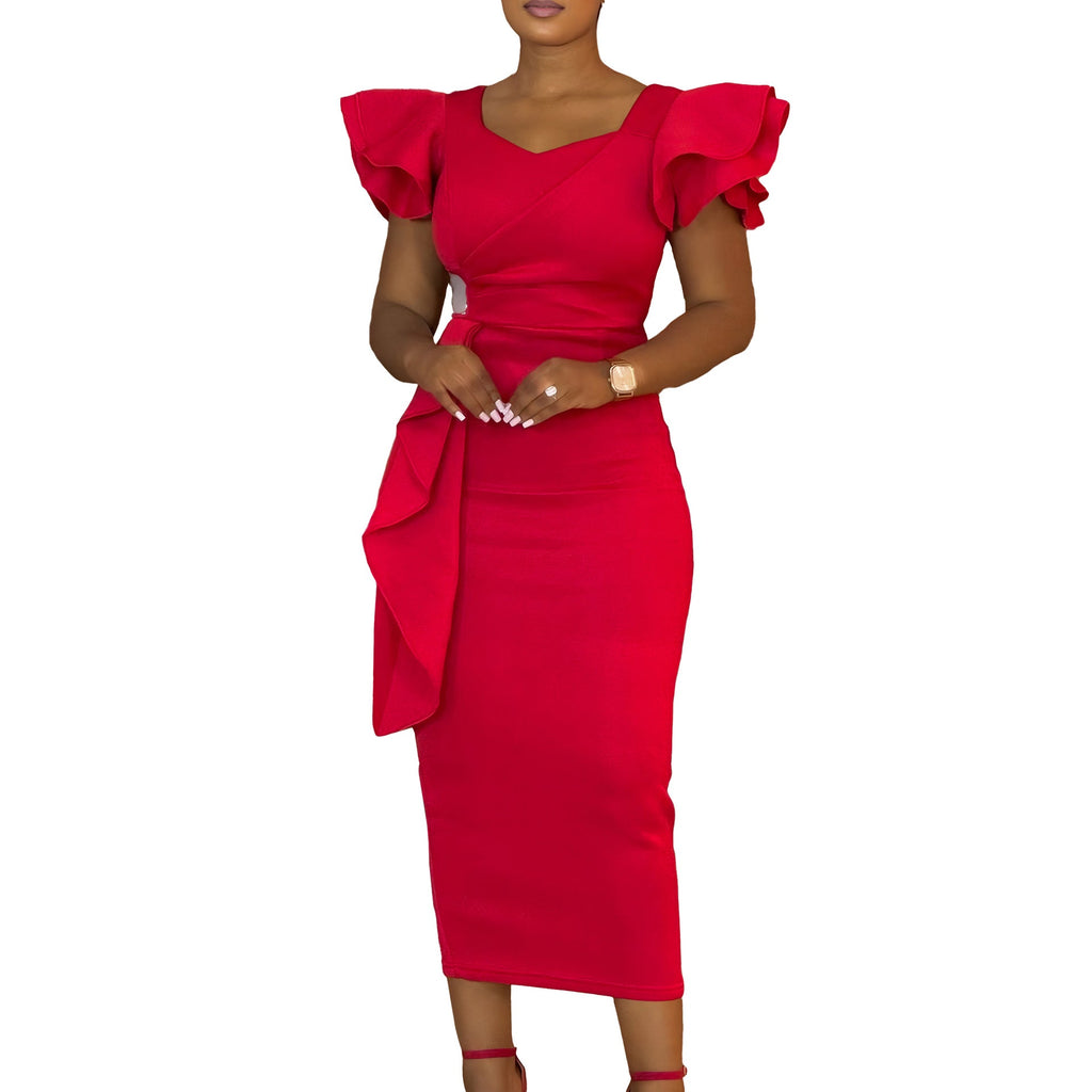D3310 New Cross-border Amazon European and American Fashion Elegant Ruffled Solid Color Hip African dress - Cozy & Co. Market