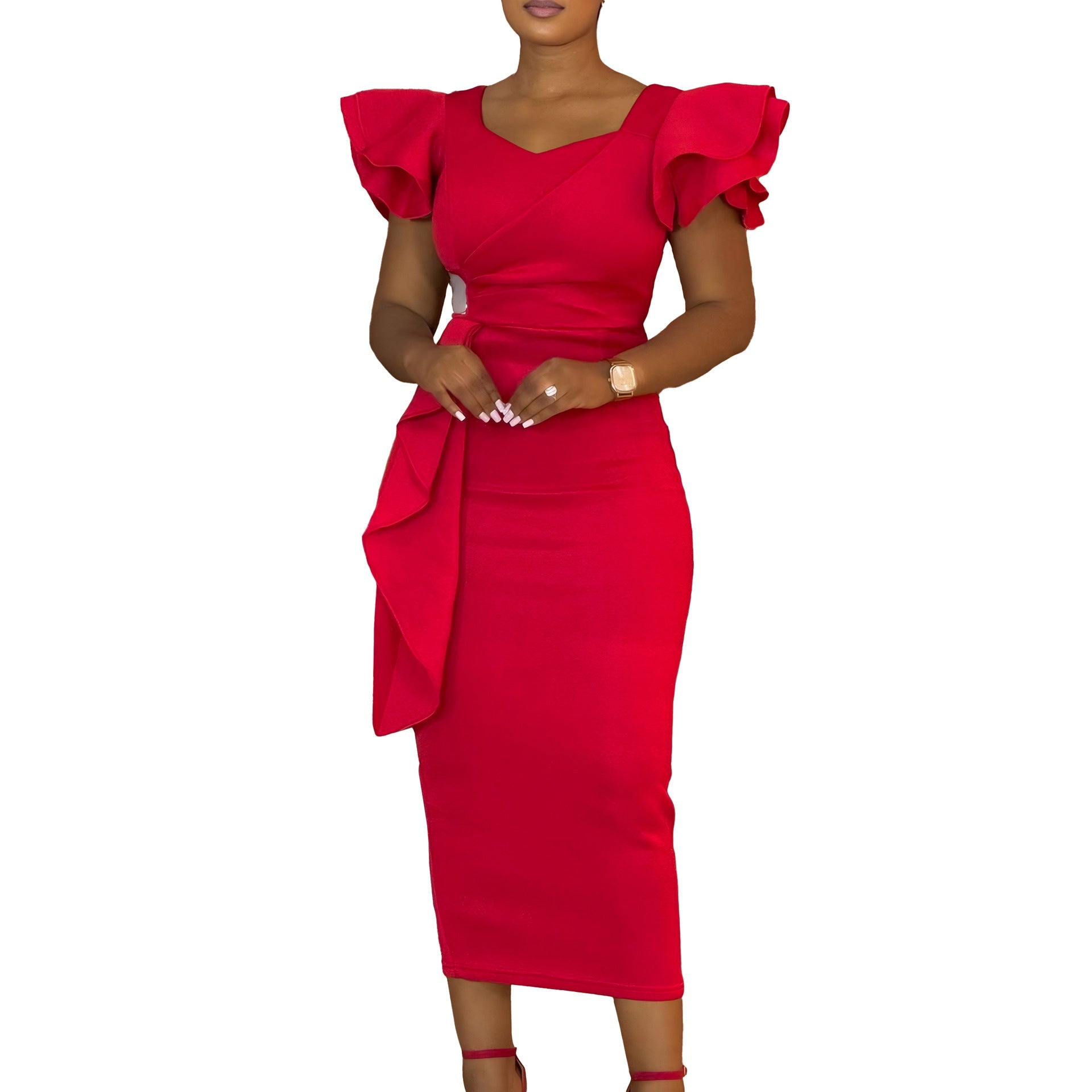 D3310 New Cross-border Amazon European and American Fashion Elegant Ruffled Solid Color Hip African dress - Cozy & Co. Market