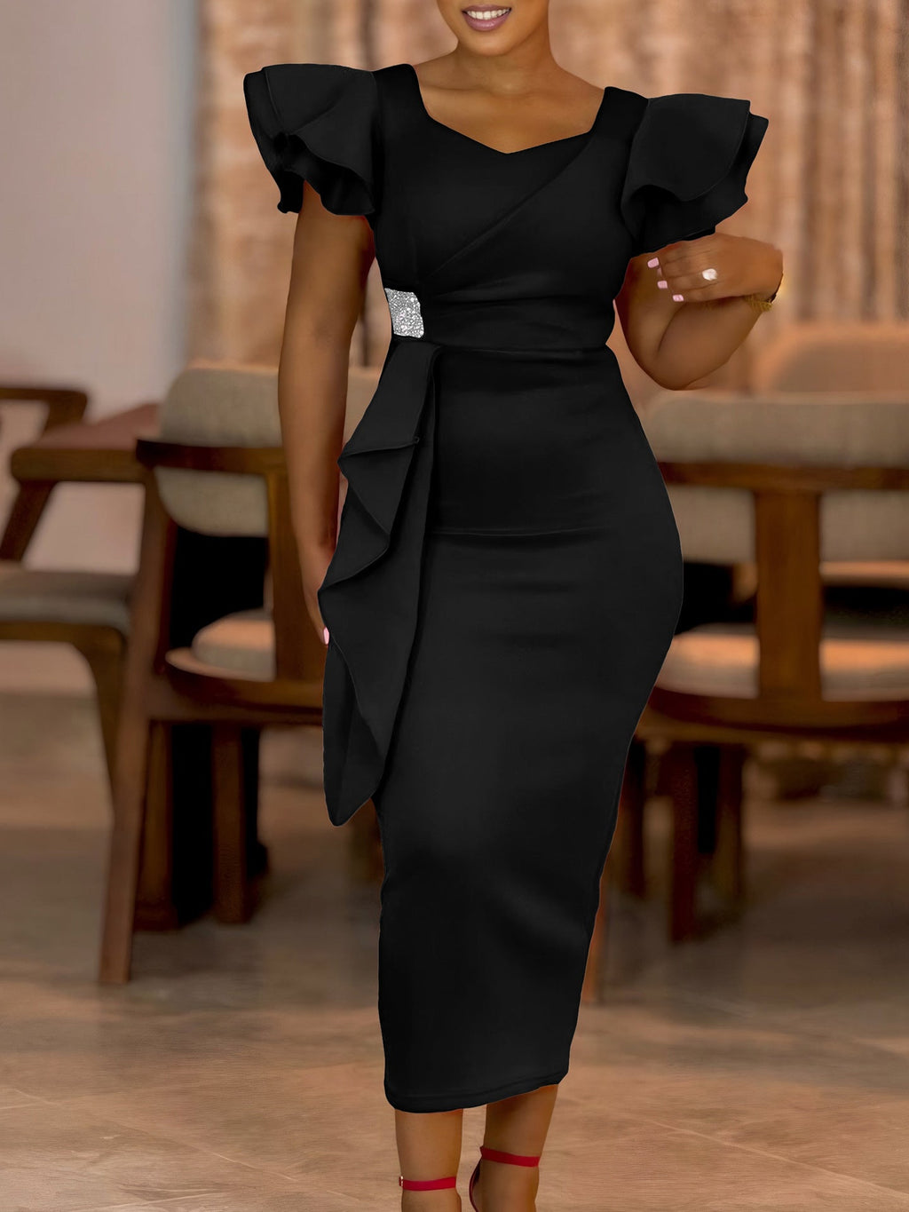 D3310 New Cross-border Amazon European and American Fashion Elegant Ruffled Solid Color Hip African dress - Cozy & Co. Market