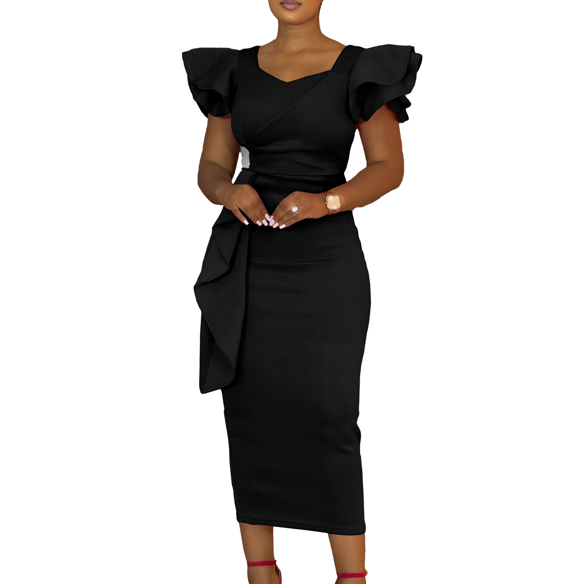 D3310 New Cross-border Amazon European and American Fashion Elegant Ruffled Solid Color Hip African dress - Cozy & Co. Market
