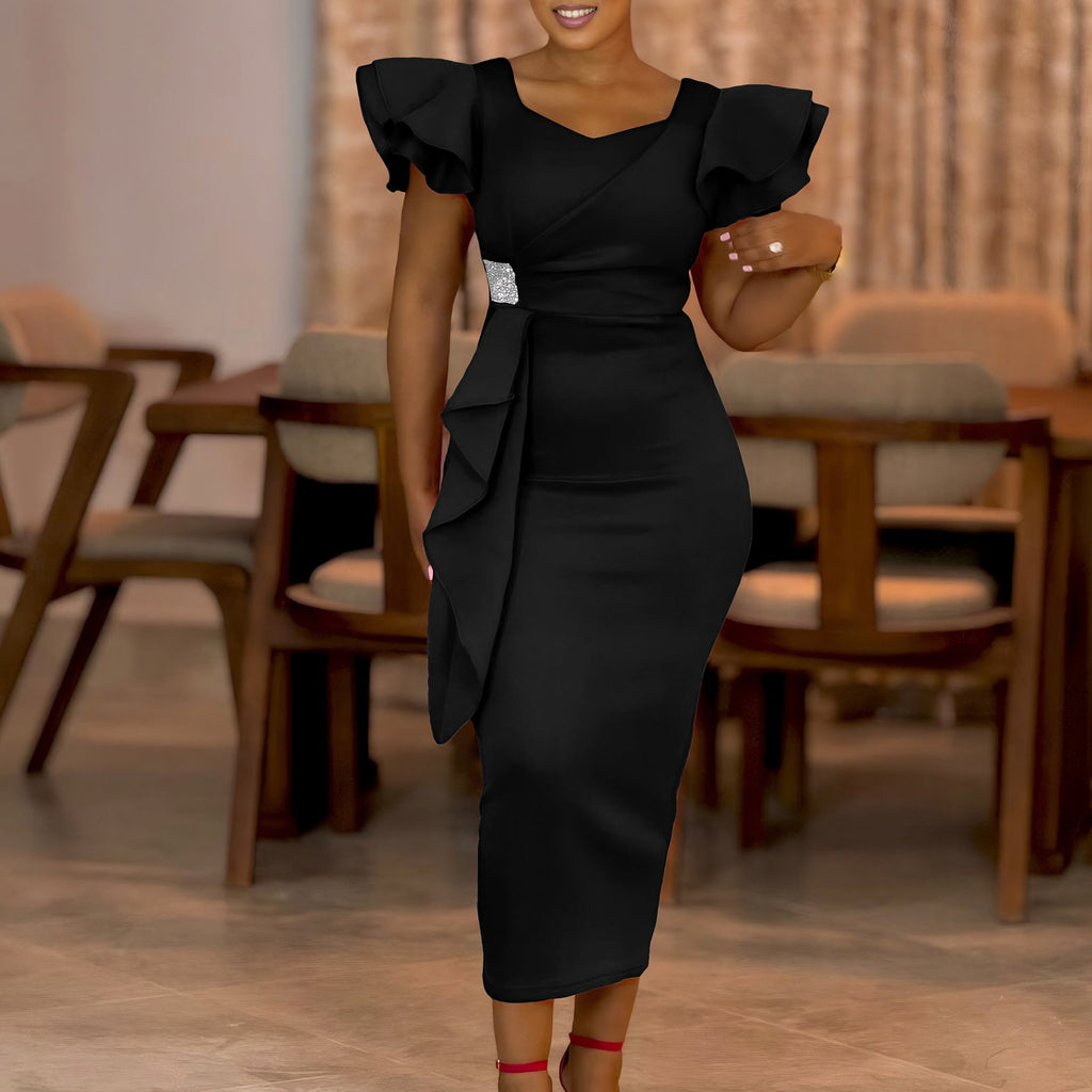D3310 New Cross-border Amazon European and American Fashion Elegant Ruffled Solid Color Hip African dress - Cozy & Co. Market