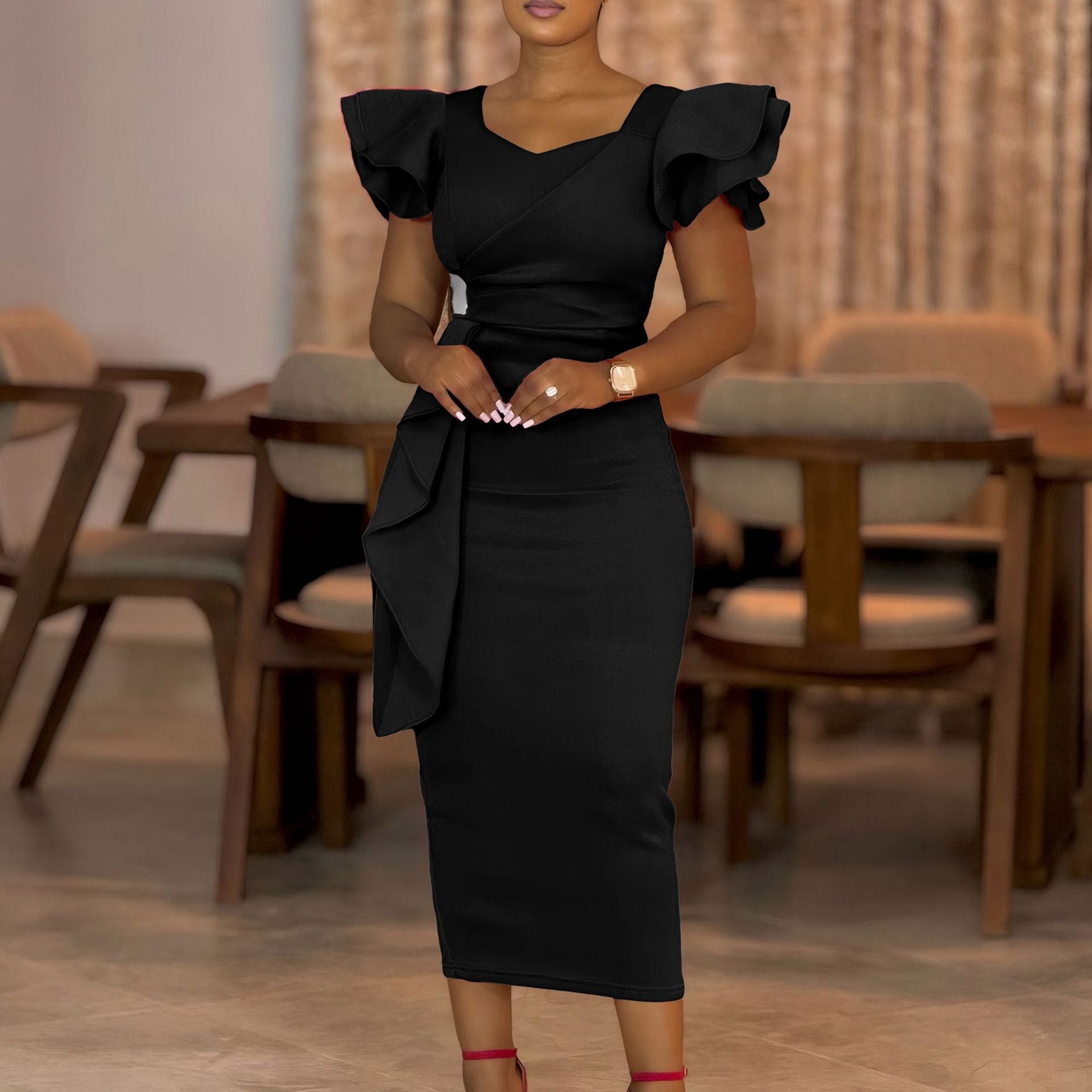 D3310 New Cross-border Amazon European and American Fashion Elegant Ruffled Solid Color Hip African dress - Cozy & Co. Market