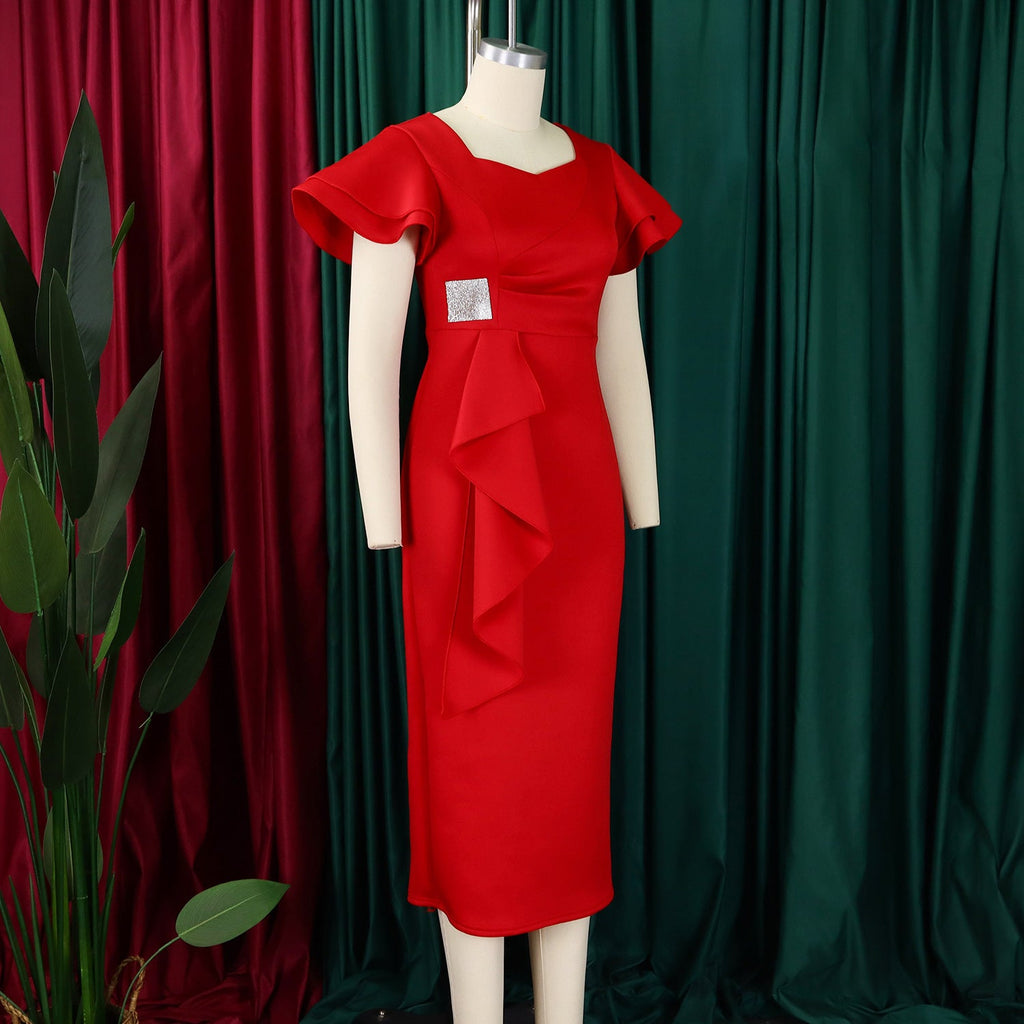 D3310 New Cross-border Amazon European and American Fashion Elegant Ruffled Solid Color Hip African dress - Cozy & Co. Market