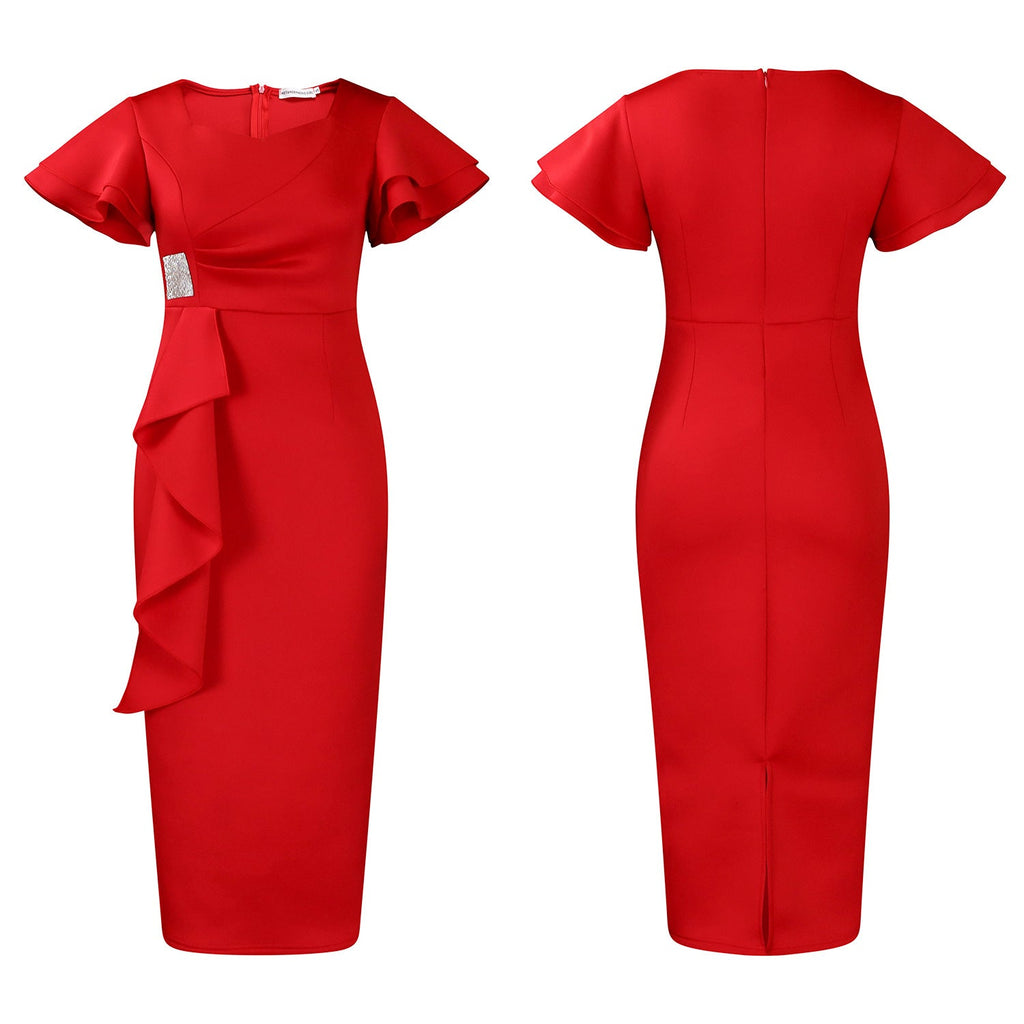 D3310 New Cross-border Amazon European and American Fashion Elegant Ruffled Solid Color Hip African dress - Cozy & Co. Market