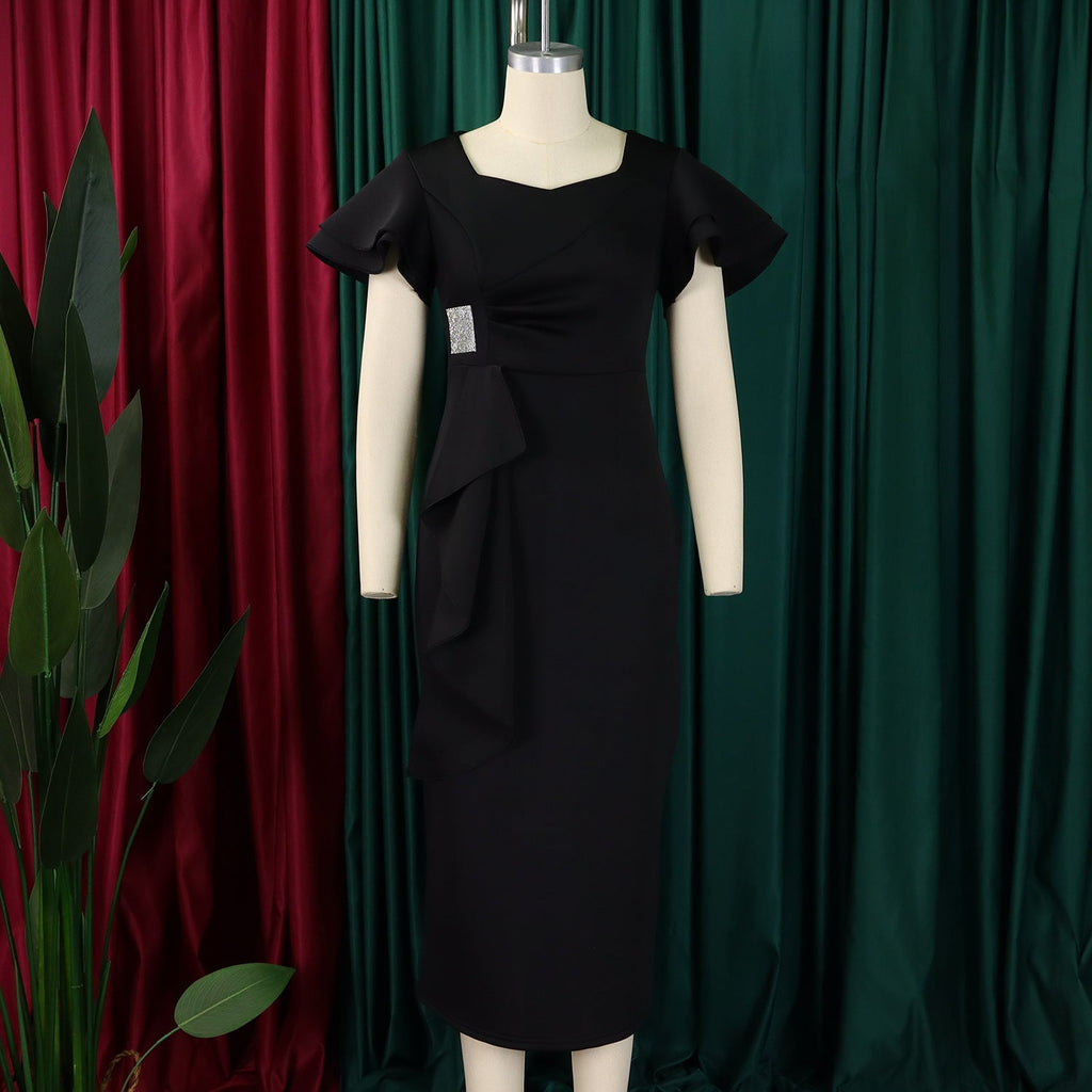 D3310 New Cross-border Amazon European and American Fashion Elegant Ruffled Solid Color Hip African dress - Cozy & Co. Market