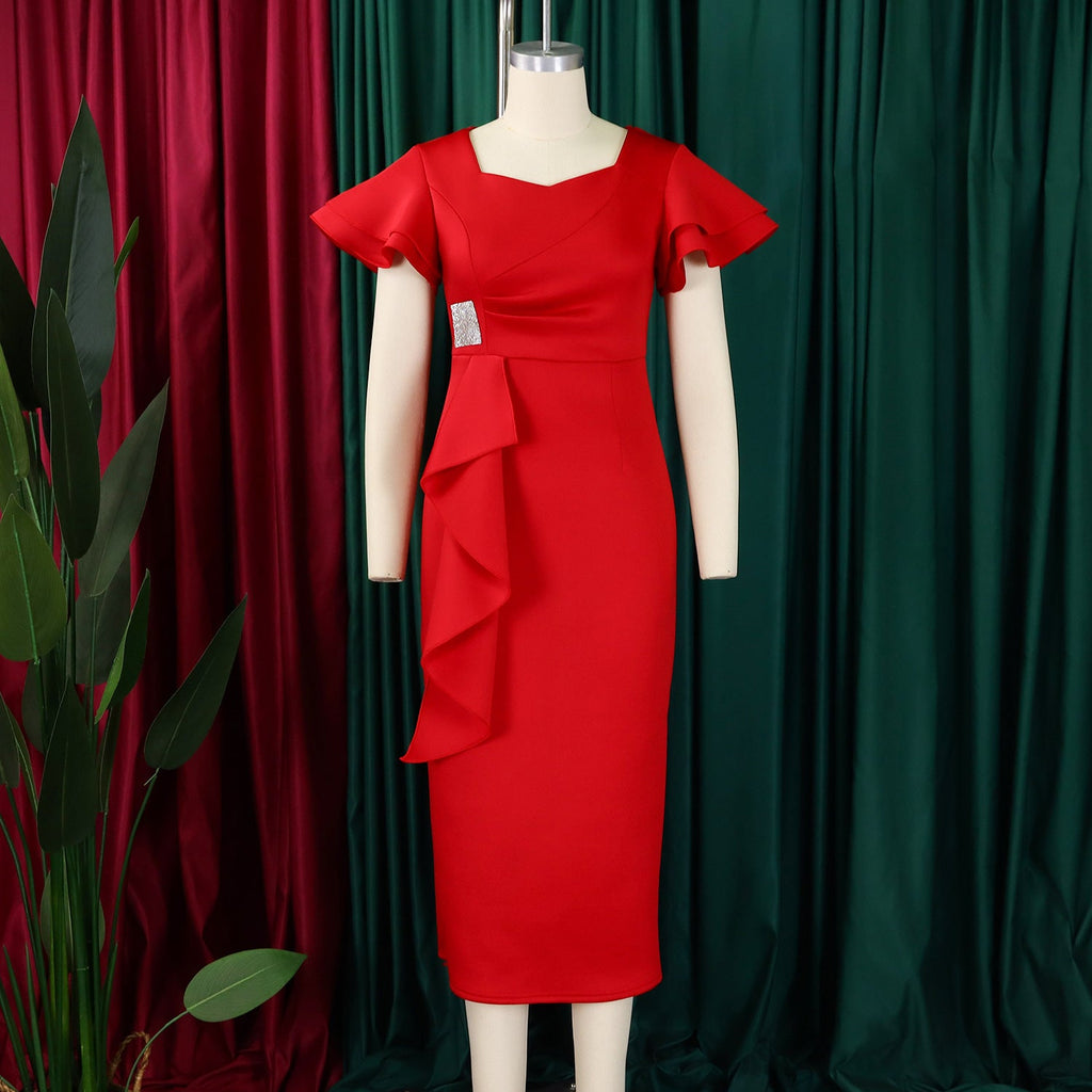 D3310 New Cross-border Amazon European and American Fashion Elegant Ruffled Solid Color Hip African dress - Cozy & Co. Market