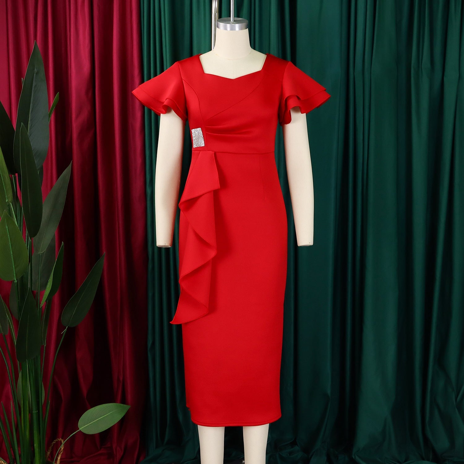 D3310 New Cross-border Amazon European and American Fashion Elegant Ruffled Solid Color Hip African dress - Cozy & Co. Market