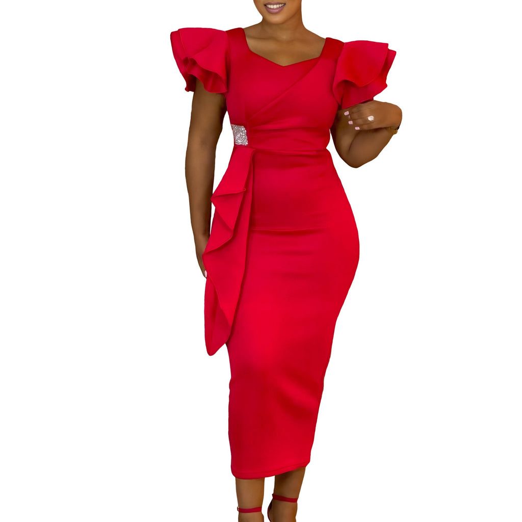 D3310 New Cross-border Amazon European and American Fashion Elegant Ruffled Solid Color Hip African dress - Cozy & Co. Market