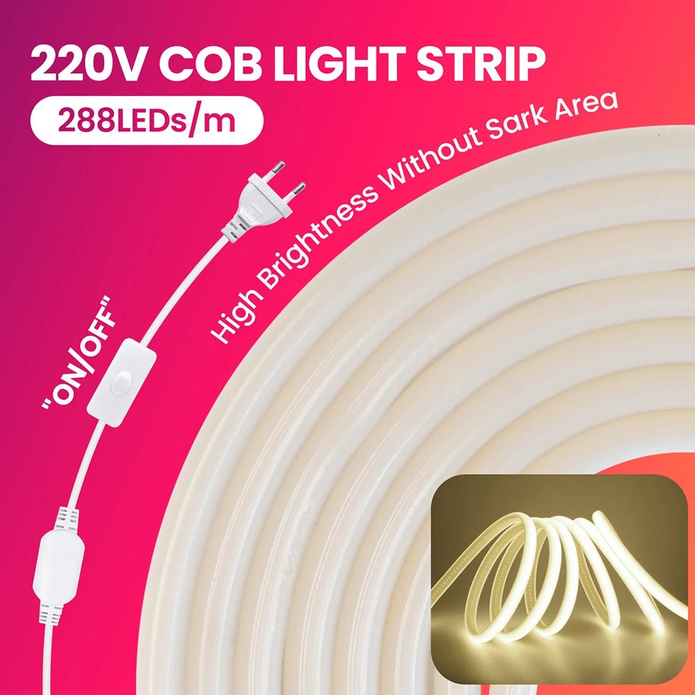 Dimmable 220V COB LED Neon Strip Light Switch Dimmer Power Kit 5m 10m 30m 3000K 4000K 6000K 288 LEDs Flex Tape 0.5m Waterproof - Cozy & Co. Market
