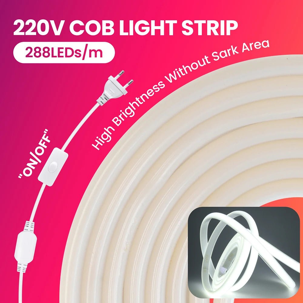Dimmable 220V COB LED Neon Strip Light Switch Dimmer Power Kit 5m 10m 30m 3000K 4000K 6000K 288 LEDs Flex Tape 0.5m Waterproof - Cozy & Co. Market