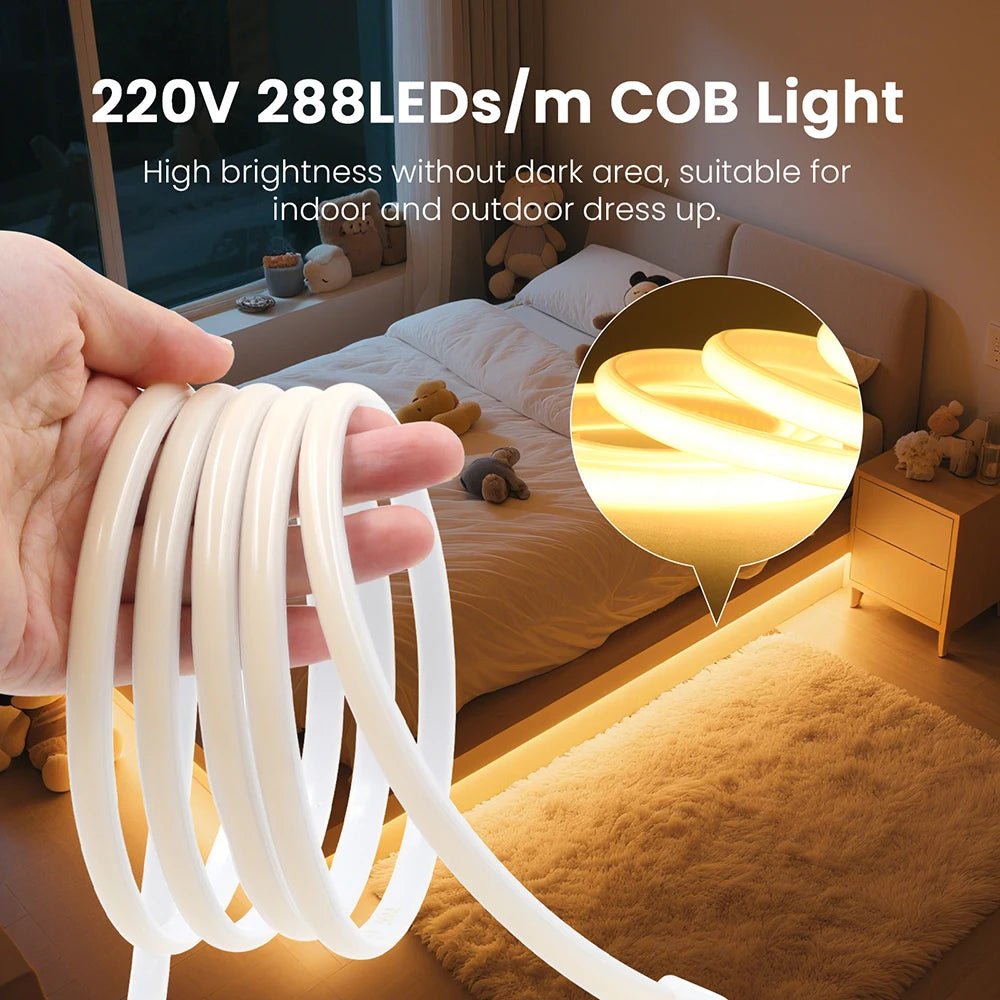 Dimmable 220V COB LED Neon Strip Light Switch Dimmer Power Kit 5m 10m 30m 3000K 4000K 6000K 288 LEDs Flex Tape 0.5m Waterproof - Cozy & Co. Market