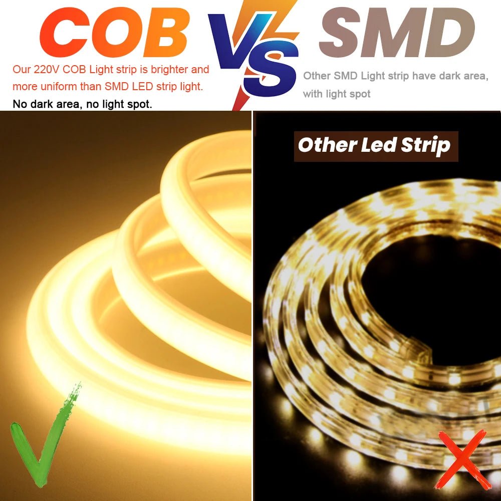 Dimmable 220V COB LED Neon Strip Light Switch Dimmer Power Kit 5m 10m 30m 3000K 4000K 6000K 288 LEDs Flex Tape 0.5m Waterproof - Cozy & Co. Market