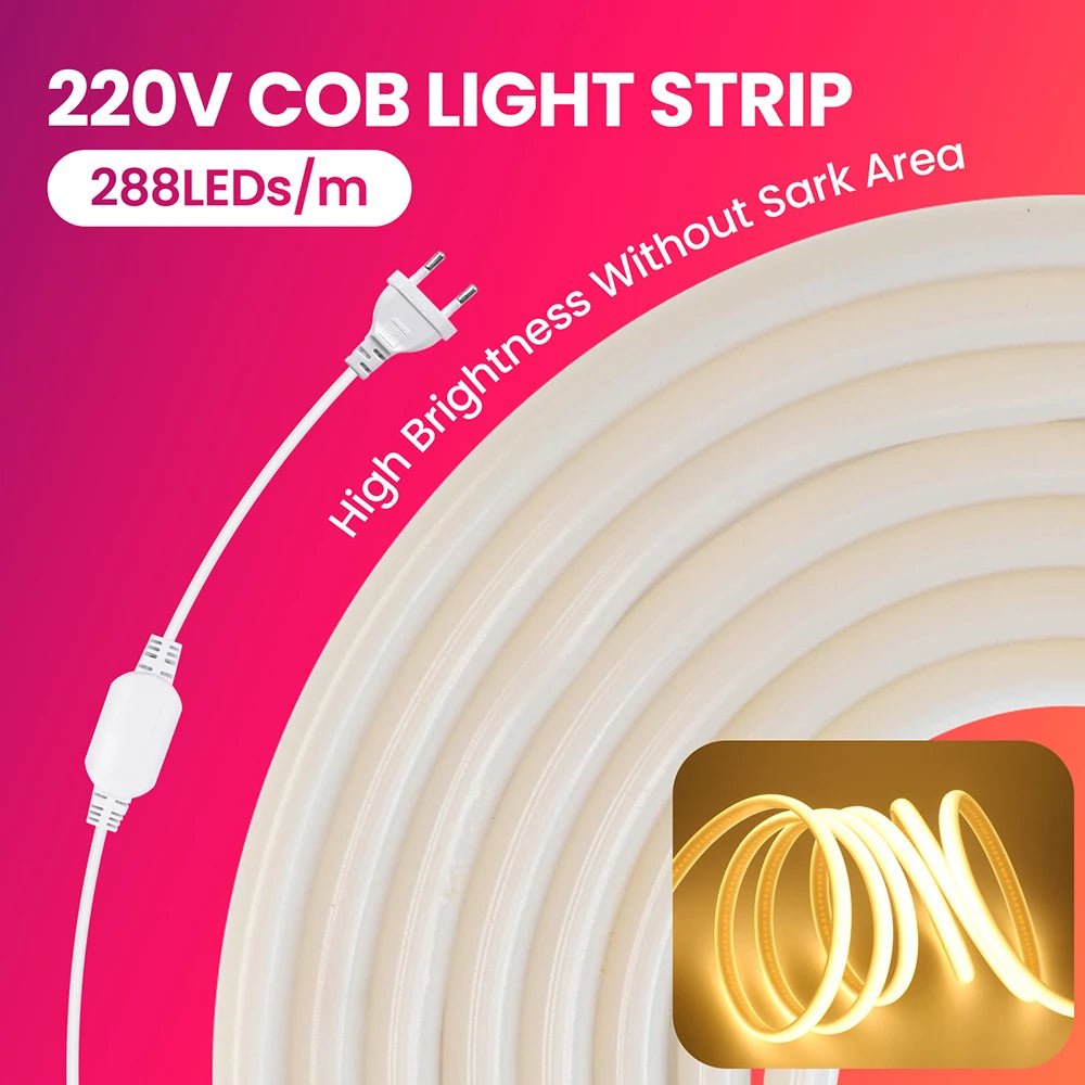 Dimmable 220V COB LED Neon Strip Light Switch Dimmer Power Kit 5m 10m 30m 3000K 4000K 6000K 288 LEDs Flex Tape 0.5m Waterproof - Cozy & Co. Market