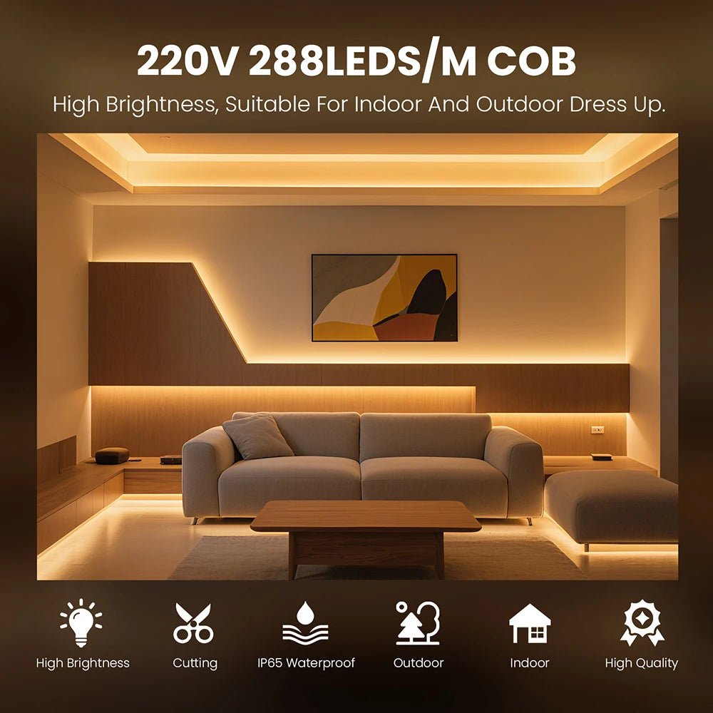 Dimmable 220V COB LED Neon Strip Light Switch Dimmer Power Kit 5m 10m 30m 3000K 4000K 6000K 288 LEDs Flex Tape 0.5m Waterproof - Cozy & Co. Market