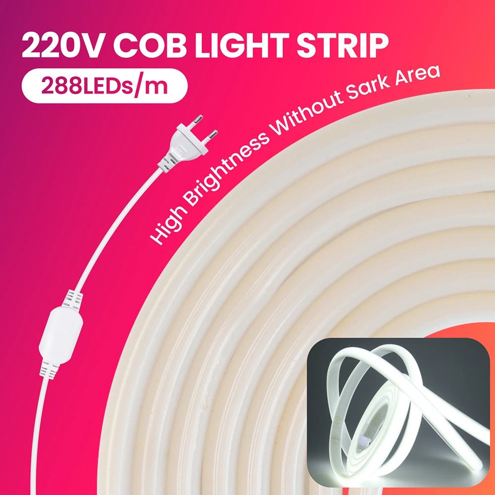 Dimmable 220V COB LED Neon Strip Light Switch Dimmer Power Kit 5m 10m 30m 3000K 4000K 6000K 288 LEDs Flex Tape 0.5m Waterproof - Cozy & Co. Market