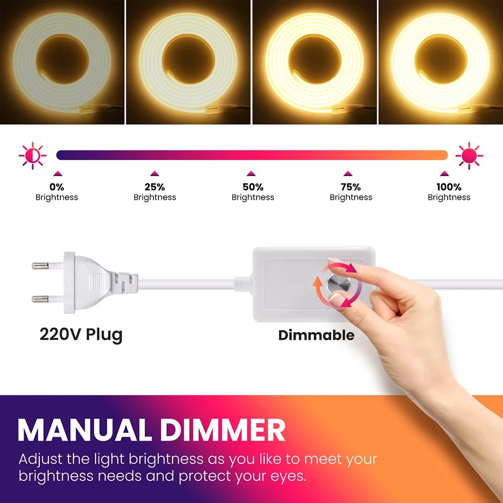 Dimmable 220V COB LED Neon Strip Light Switch Dimmer Power Kit 5m 10m 30m 3000K 4000K 6000K 288 LEDs Flex Tape 0.5m Waterproof - Cozy & Co. Market