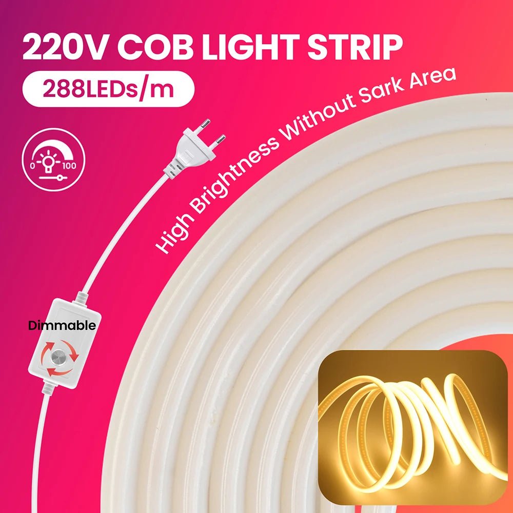 Dimmable 220V COB LED Neon Strip Light Switch Dimmer Power Kit 5m 10m 30m 3000K 4000K 6000K 288 LEDs Flex Tape 0.5m Waterproof - Cozy & Co. Market