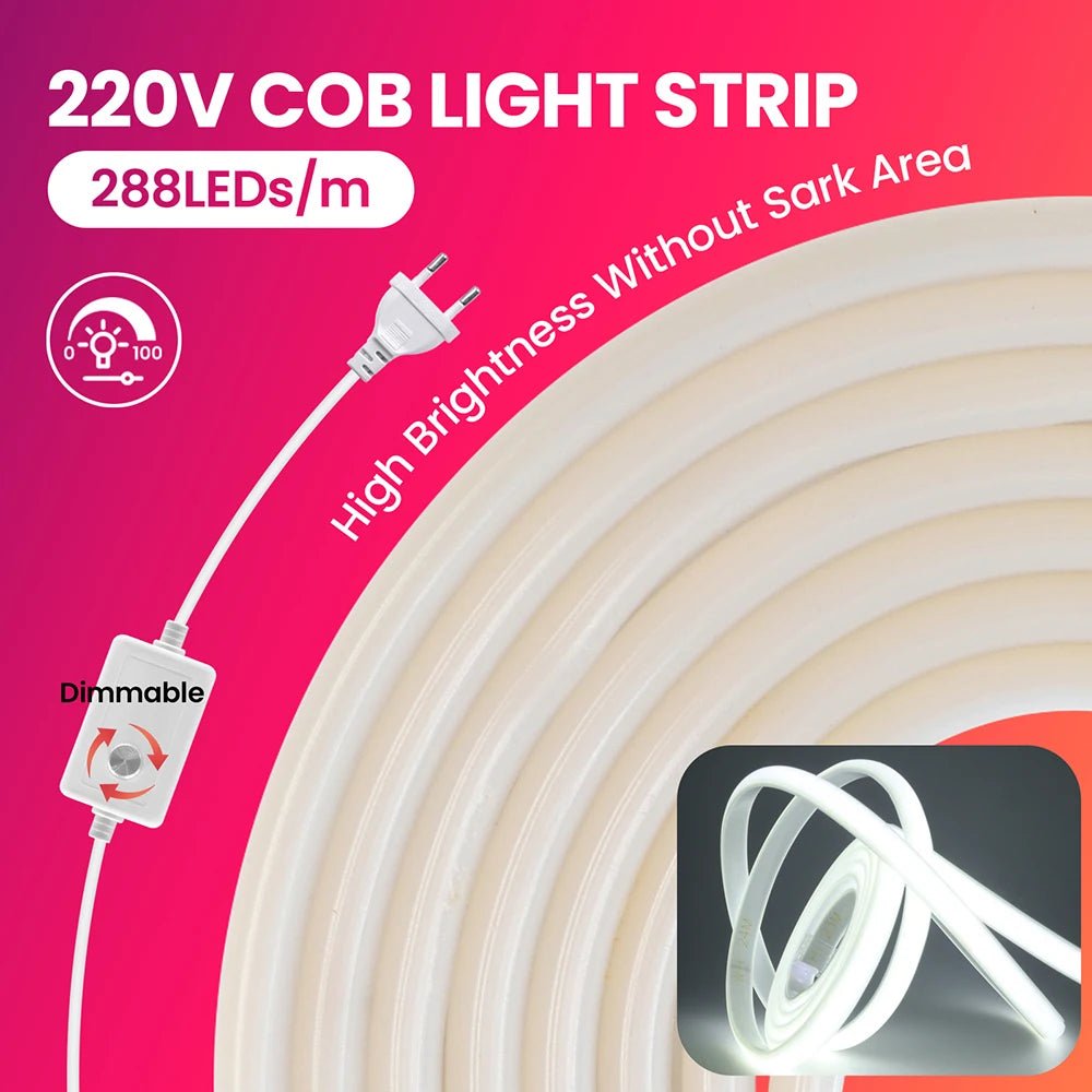 Dimmable 220V COB LED Neon Strip Light Switch Dimmer Power Kit 5m 10m 30m 3000K 4000K 6000K 288 LEDs Flex Tape 0.5m Waterproof - Cozy & Co. Market