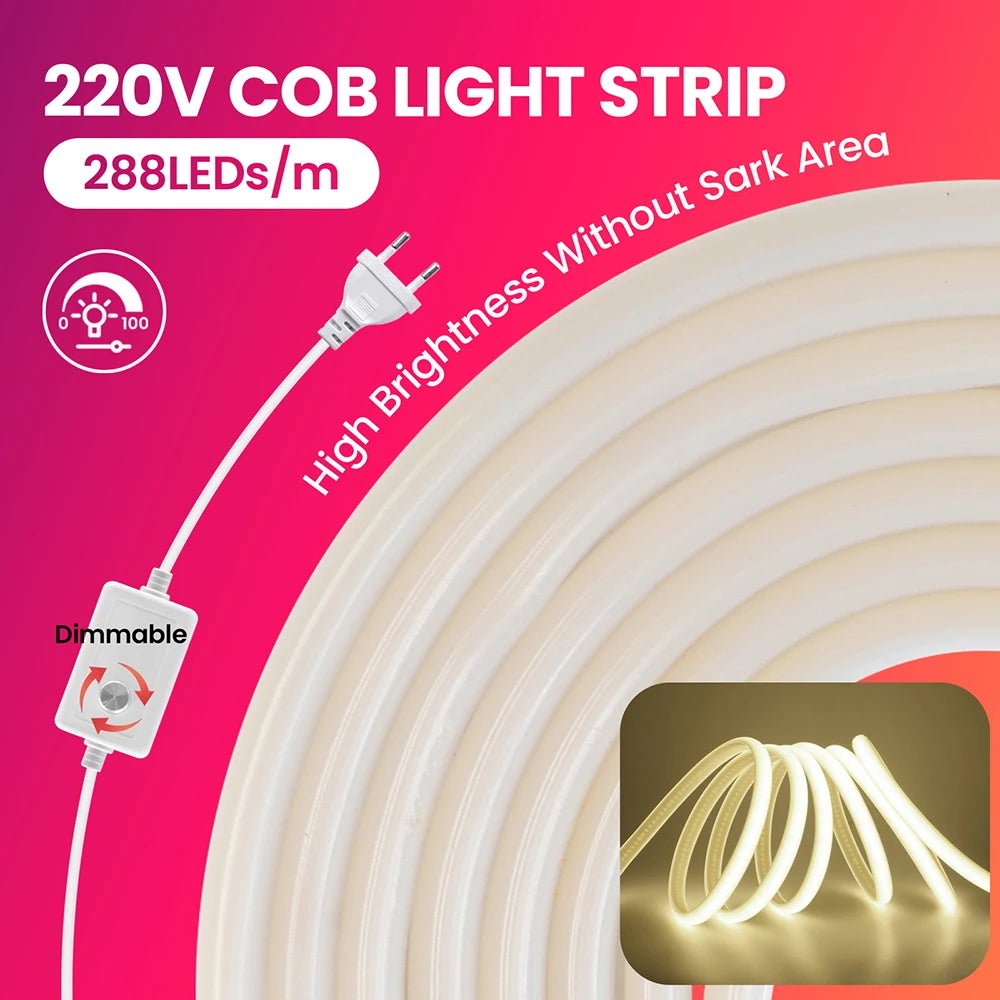 Dimmable 220V COB LED Neon Strip Light Switch Dimmer Power Kit 5m 10m 30m 3000K 4000K 6000K 288 LEDs Flex Tape 0.5m Waterproof - Cozy & Co. Market