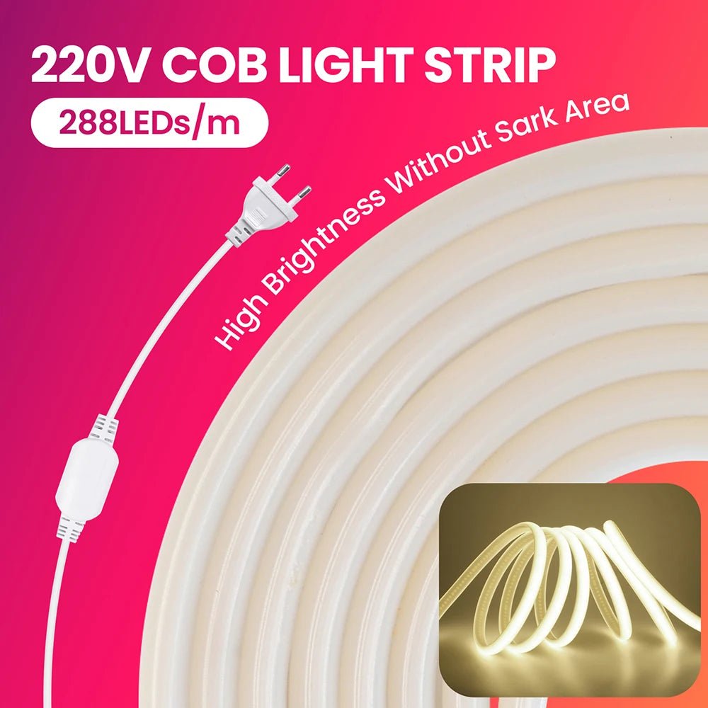 Dimmable 220V COB LED Neon Strip Light Switch Dimmer Power Kit 5m 10m 30m 3000K 4000K 6000K 288 LEDs Flex Tape 0.5m Waterproof - Cozy & Co. Market