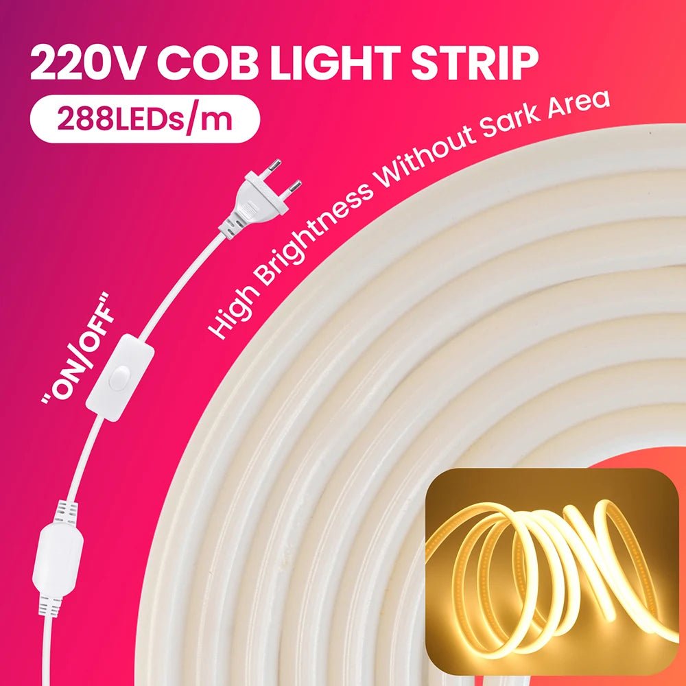 Dimmable 220V COB LED Neon Strip Light Switch Dimmer Power Kit 5m 10m 30m 3000K 4000K 6000K 288 LEDs Flex Tape 0.5m Waterproof - Cozy & Co. Market