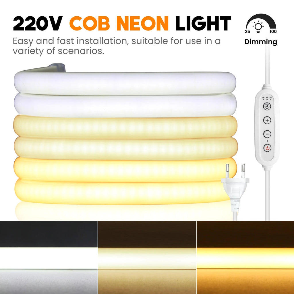 Dimmable Switch 220V COB LED Strip Neon Light Dimmer Power Kit Waterproof 3000K 4000K 6000K 288LED Kitchen Room Decor Flex Lamp - Cozy & Co. Market