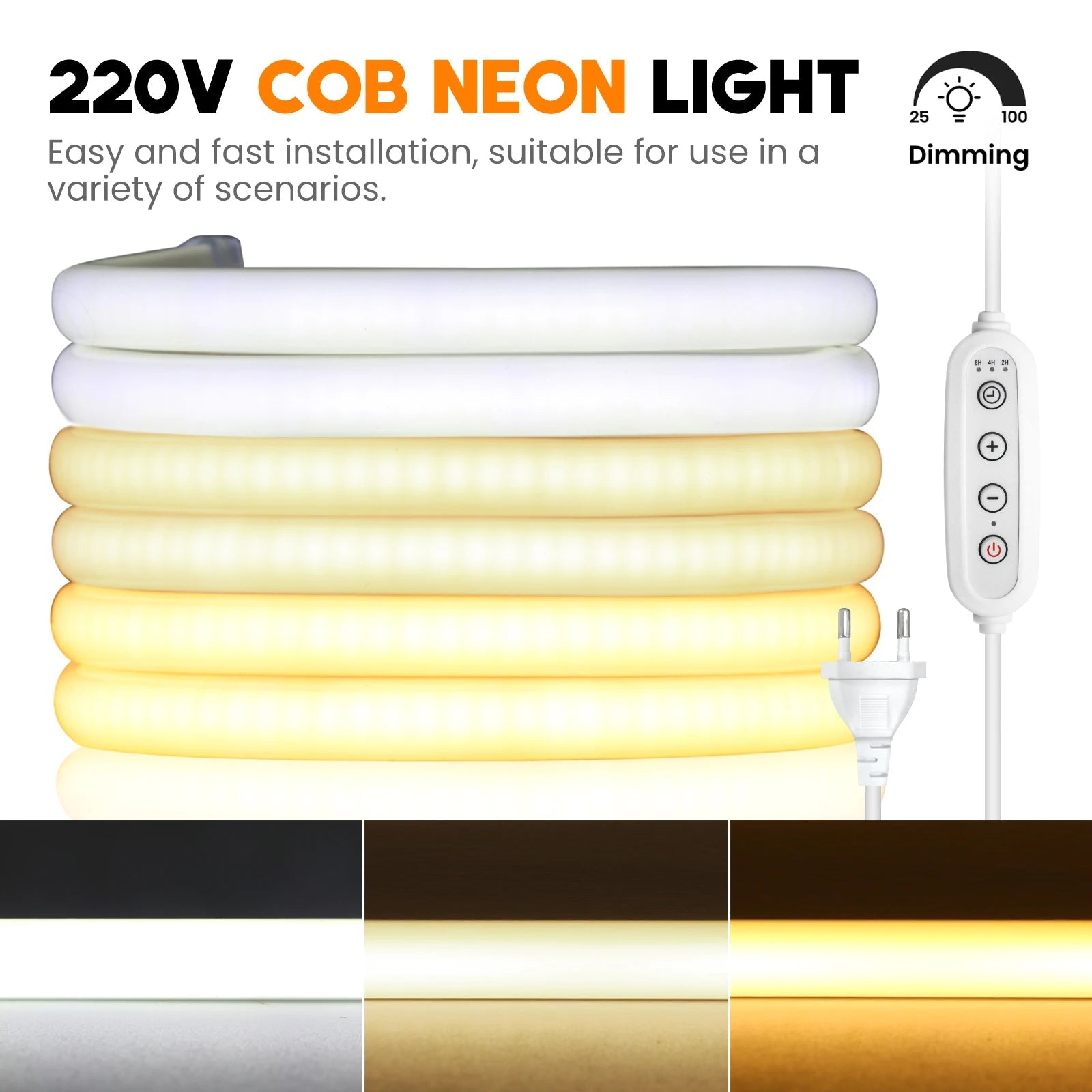 Dimmable Switch 220V COB LED Strip Neon Light Dimmer Power Kit Waterproof 3000K 4000K 6000K 288LED Kitchen Room Decor Flex Lamp - Cozy & Co. Market