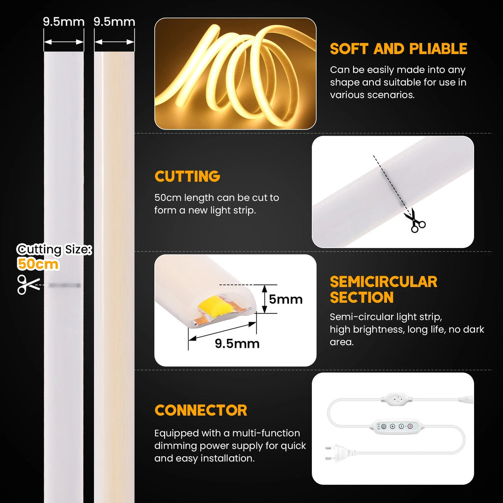Dimmable Switch 220V COB LED Strip Neon Light Dimmer Power Kit Waterproof 3000K 4000K 6000K 288LED Kitchen Room Decor Flex Lamp - Cozy & Co. Market