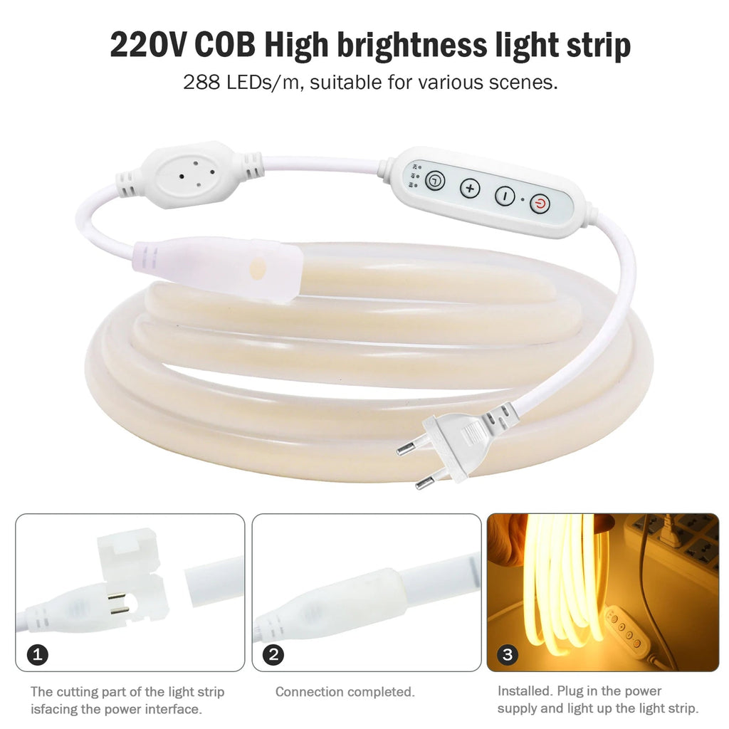 Dimmable Switch 220V COB LED Strip Neon Light Dimmer Power Kit Waterproof 3000K 4000K 6000K 288LED Kitchen Room Decor Flex Lamp - Cozy & Co. Market