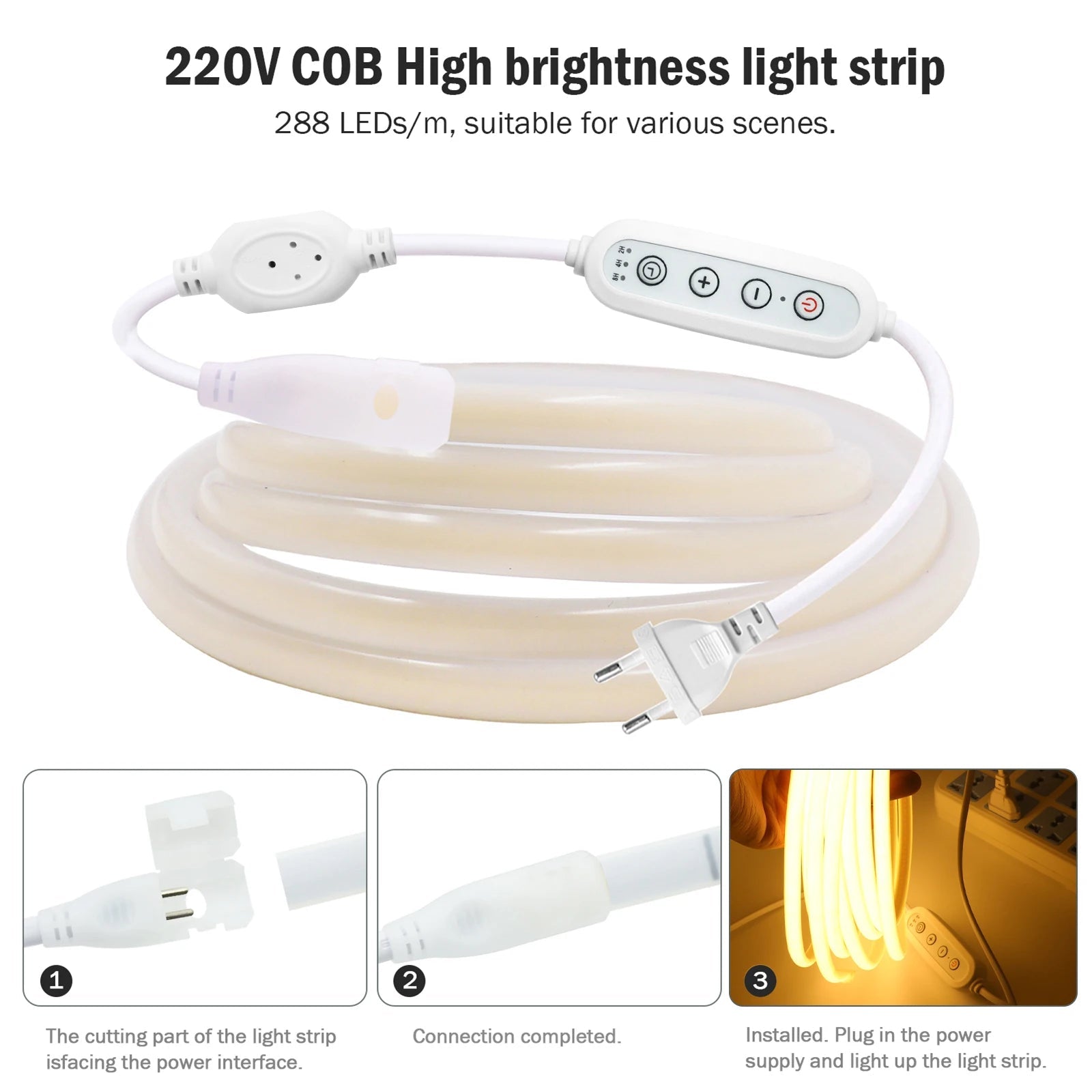 Dimmable Switch 220V COB LED Strip Neon Light Dimmer Power Kit Waterproof 3000K 4000K 6000K 288LED Kitchen Room Decor Flex Lamp - Cozy & Co. Market