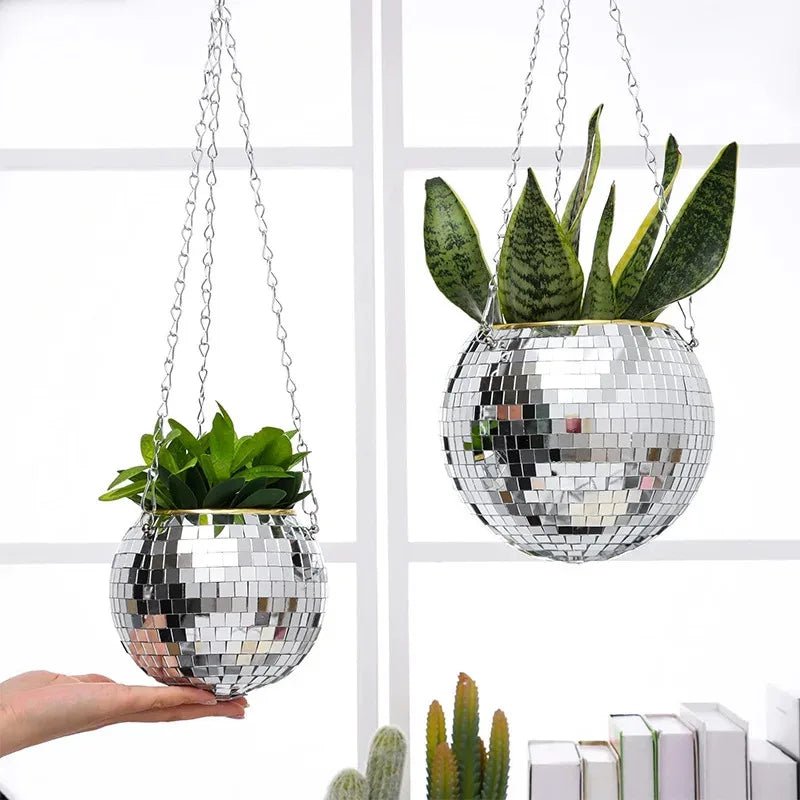 Disco Ball Hanging Flower Planter - Bohemian Rope Mirror Basket for Indoor Plants, Garden & Home Decor Vase - Cozy & Co. Market