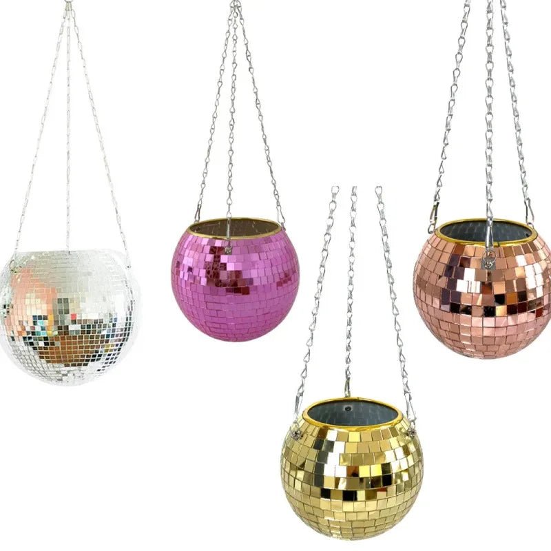 Disco Ball Hanging Flower Planter - Bohemian Rope Mirror Basket for Indoor Plants, Garden & Home Decor Vase - Cozy & Co. Market