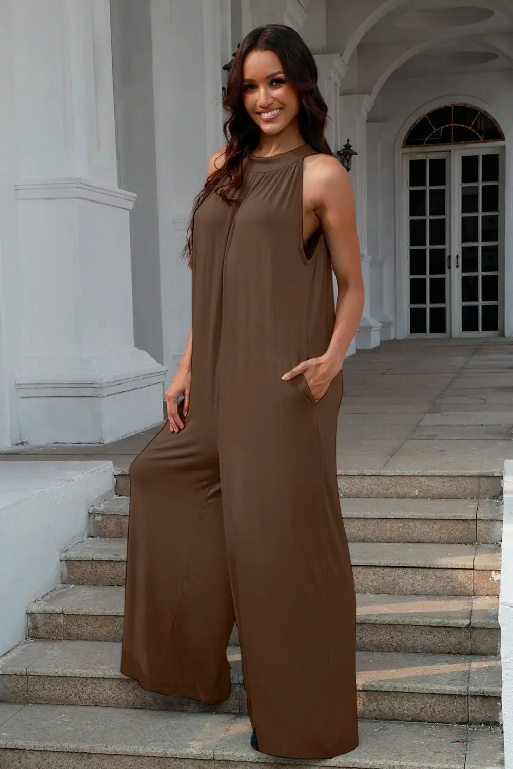 Double Take Full Size Tie Back Cutout Sleeveless Jumpsuit - Cozy & Co. Market