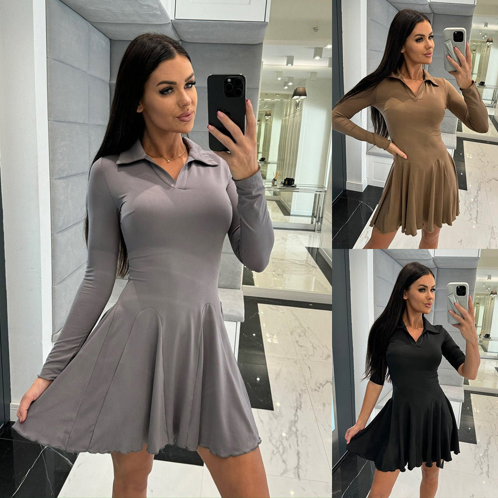 Dress 2025 Spring and Summer Cross-Border Women's New Amazon Aliexpress Solid Color Waist Long Sleeve Lapel Skirt - Cozy & Co. Market