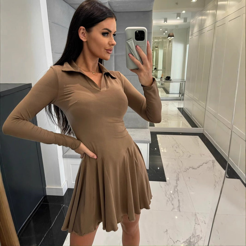 Dress 2025 Spring and Summer Cross-Border Women's New Amazon Aliexpress Solid Color Waist Long Sleeve Lapel Skirt - Cozy & Co. Market